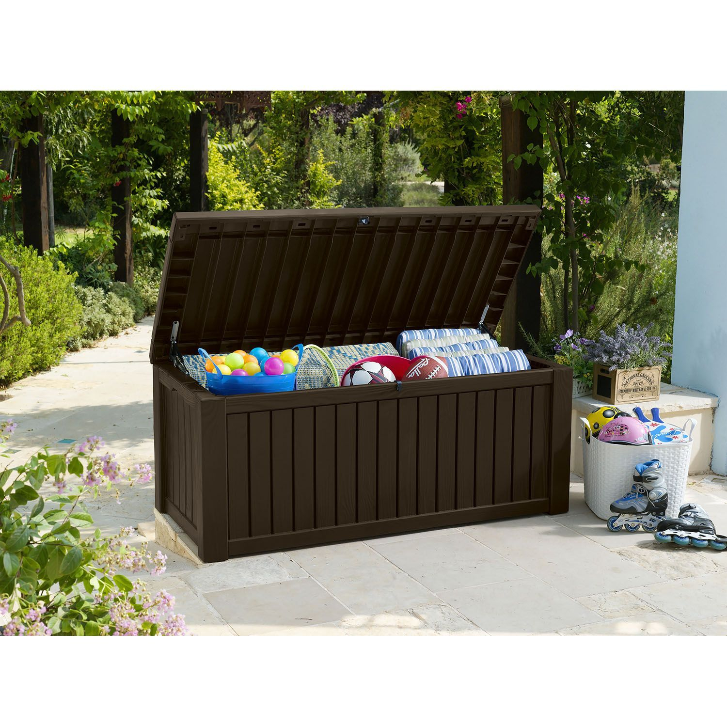 Keter Rockwood Outdoor Plastic Deck Storage Container Box 150 Gal inside dimensions 1500 X 1500